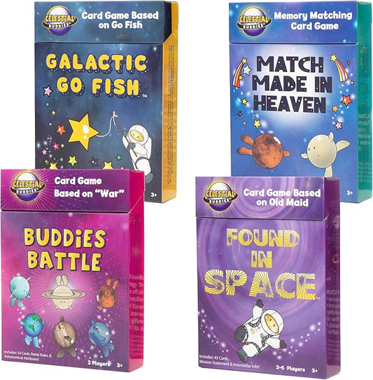 Celestial Buddies Card Game 4 Pack - Galactic Go Fish, Match Made In Heaven, Found in Space, and Buddies Battle | Space-Themed Fun Educational Fun for Kids | STEM Learning, Planets & Space Exploration