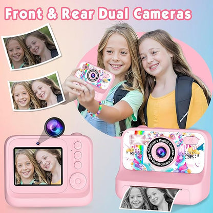 Kids Camera, Upgrade Kids Camera Instant Print, Front Rear Dual Selfie Digital CAM with 1080P Videos, Portable Travel Toy with Games and Music, Christmas Birthday Gift for Boys, Girls and Teens