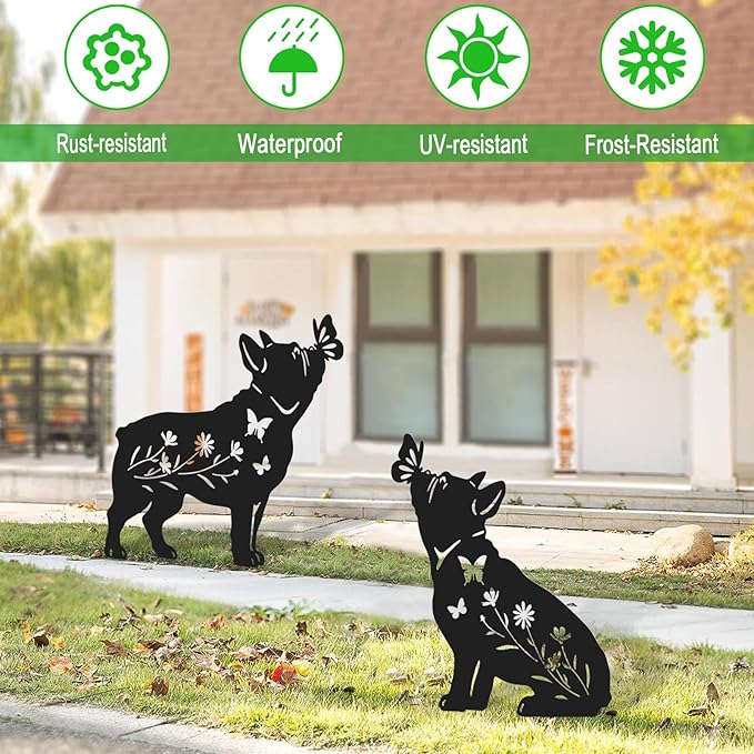 Pack 2 Dog Metal Garden Decor for Outside,French Bulldog Gifts for Women,Dog Silhouette Stakes,Garden Statues for Yard,Lawn,Pathway