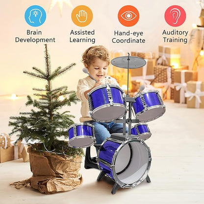 Kids Drum Set 5 Piece Toddlers Jazz Drum Kit with Stool Musical Instrument Toys for 3 4 5 6 7 Year Old Boys Girls Birthday Gift
