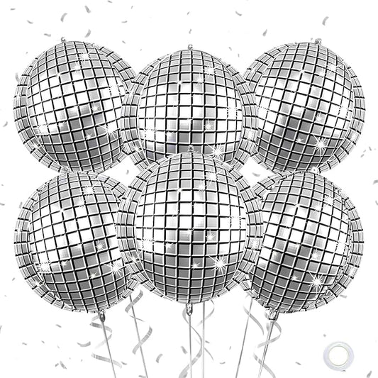 6Pcs Giant 4D Disco Ball Balloons, Sparkle Silver Disco Party Decorations, 22 Inch Round Foil Balloons for NYE 2025 Birthday Party Baby Shower Wedding Decorations