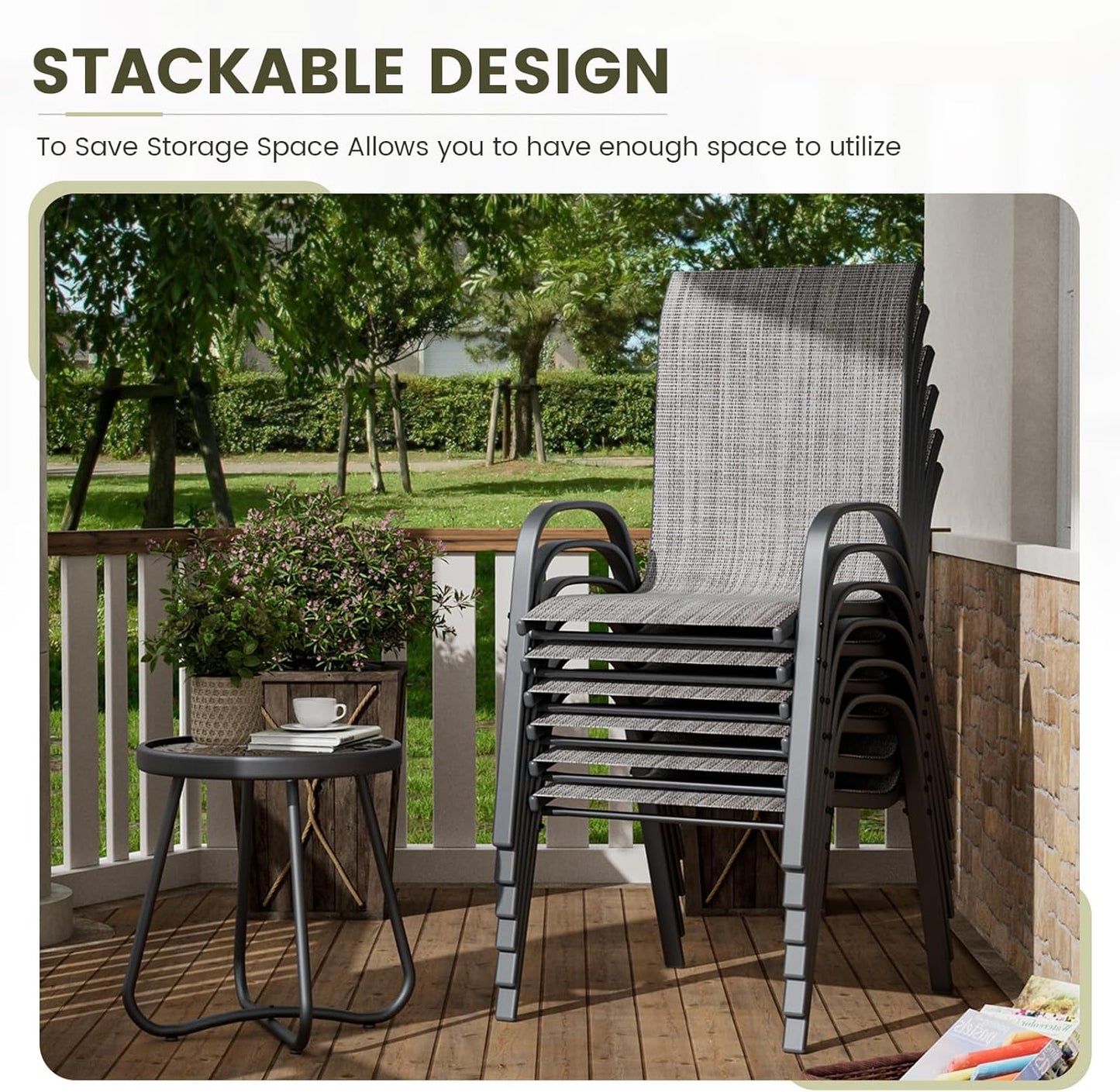 UDPATIO Patio Dining Set of 7, Outdoor Table and Chairs Set with Square Metal Table, 6 Stackable Patio Chairs with High Back, Outdoor Furniture for Deck Garden Backyard Lawn Poolside (Light Grey)