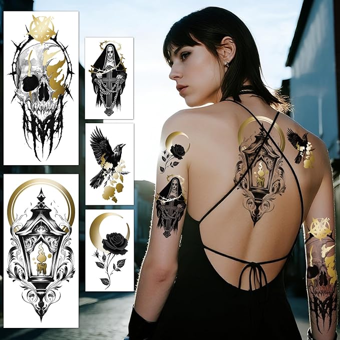 42 Sheets Metallic Gothic Temporary Tattoo for Women Men, 12 Half Arm Golden Skull Cat Floral Fake Tattoos, 30 Black Glitter Rose Butterfly Spider Halloween Tiny Adult Kid Body Tattoos Stickers