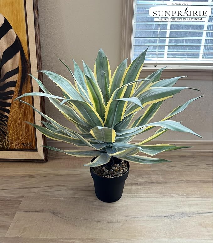SUNPRAIRIE 32 Inch Tall Large Faux Agave Plant with Two-Tone Sawtooth Edged Leaves; Planted in Black Pot with Real Stone Pebbles. Large Artificial Plants Indoor and Outdoor.