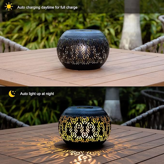 Solar Table Light Outdoor Waterproof- Solar Powered LED Lamp Hollowed-Out Black Peacock Feather Metal Desktop Decorative Lantern for Indoor Desk Bedroom Patio Garden Pathway Yard