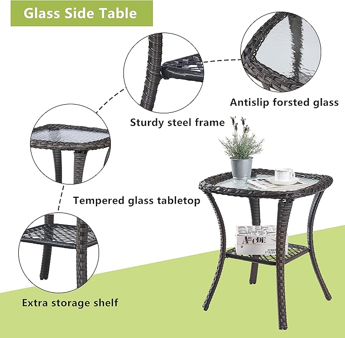 Patio Tables Wicker Side Table - Rattan End Table with Glass Top for Outdoor Outside Patio Porch Deck Square Brown