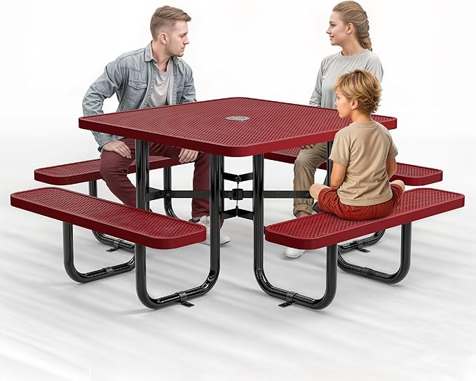 Metal Picnic Tables for Outdoors with Umbrella Hole - Coated Steel Heavy Duty Commercial Grade Table with Adjustable Seats (Red, 46 in, Square, Punched Steel)