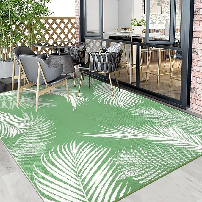 Pauwer Waterproof Outdoor Rug 6x9, Reversible Plastic Straw Patio Camping Rug, Indoor Outdoor RV Mat Carpet for Deck, Camper, Porch, Balcony, Backyard, Picnic, Leaf Green