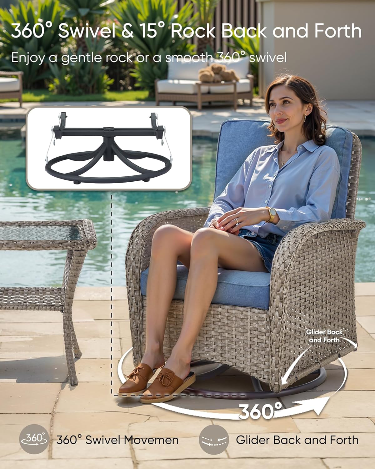 HUMMUH 6 Pieces Outdoor Patio Furniture-PE Rattan Wicker Sofa with Patio Swivel Rocking Chairs Patio Furniture for Deck Lawn Porch Balcony Poolside-Grey/Blue