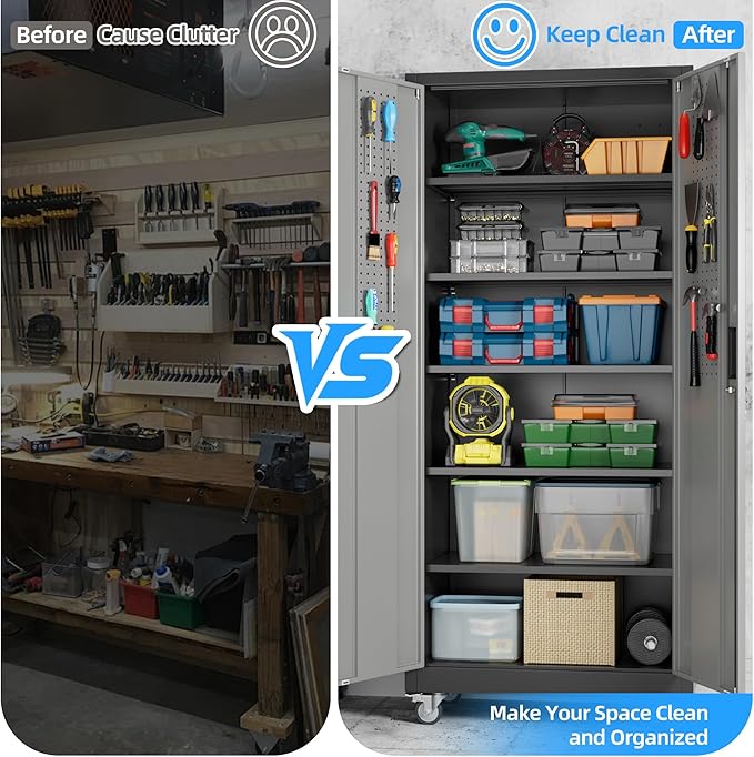 71" H×32" W×16" D Garage Storage Cabinet with Wheels & Pegboard, Locking Metal Storage Cabinet with Doors and 5 Adjustable Shelves & & 4 Hooks for Garage Warehouse Home Office, Black and Gray