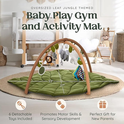 Baby Play Mat & Activity Gym - Tummy Time Mat with 6 Detachable Baby Toys | Oversized Leaf Modern Design Baby Play Gym | Perfect Baby Shower Gifts/Baby Must Haves - Developmental Activities for Baby
