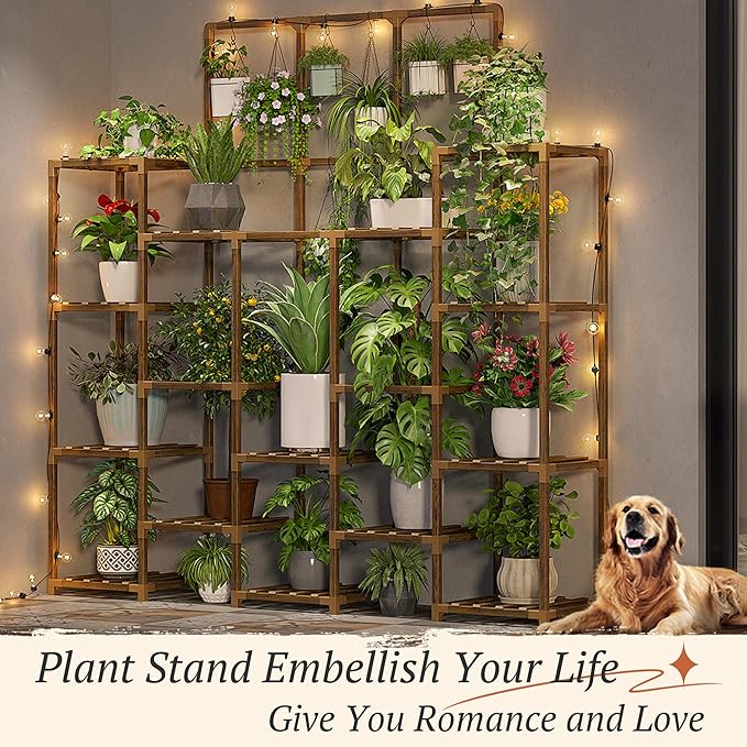 EnHomee 63''H Upgrade Plant Stand Indoor Tall Plant Stands Outdoor with 7 Tiers and 14 Potted Wood Plants Shelves Stand Load-Bearing 600 LBS 11.8''x56''x63''