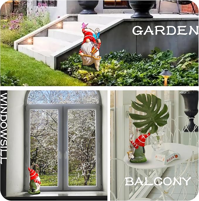 Solar Powered Gnome Garden Statue with Iron Butterflies - LED Lighted Garden Decorations, Resin Gnome with Butterfly Net, Gifts for Women and Men，Outdoor Decor Ornaments for Outside