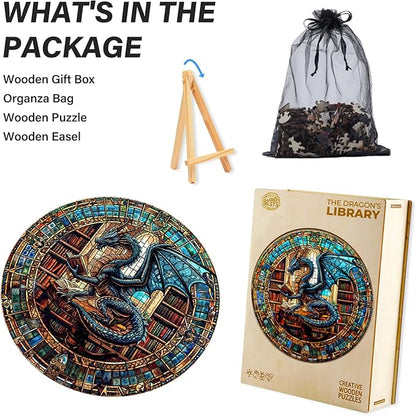 WOODBESTS Wooden Puzzles for Adults (300 Piece, L, 13.4"x13.4") Dragon's Library Wood Puzzle Adult, Unique Wooden Animal Jigsaw Puzzles, Family Game and Birthday Gifts for Friend