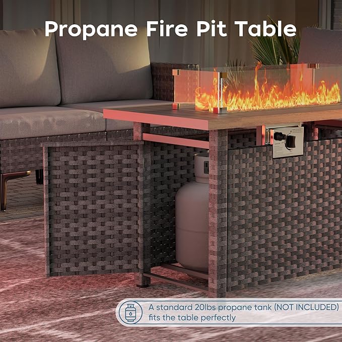Propane Fire Pit Table Outdoor, 44" 60000BTU Auto-Ignition Fire Pits Table with Wind Guard Square Large Wicker Propane Firepits for Porch Garden(Grey,CSA Certified)