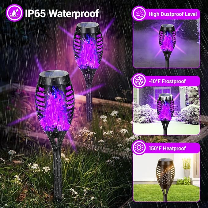 8 Pack Solar Torch Lights Outdoor Waterproof - Purple Flickering Flame, Outdoor Solar Garden Lights for Yard, Tiki Torches for Outside Patio Pathway Decorations