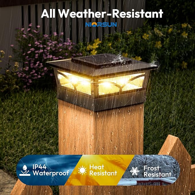 NIORSUN Solar Post Cap Lights Outdoor, 2 Modes LED, Deck Fence Post Solar Lights for 3.5x3.5 4x4 Caps Patio Garden Decoration, Warm White/Cool White Lighting Black 6 Pack