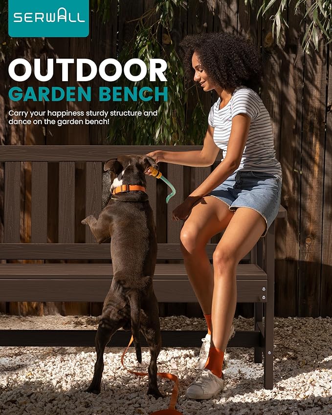 SERWALL Outdoor Bench, HDPE Outdoor Benches Weatherproof, 2-Person Garden Bench with 660 lbs Weight Capacity, Patio Benches for Outdoors, Garden, Porch, Backyard and Park, Coffee, 2 Pack