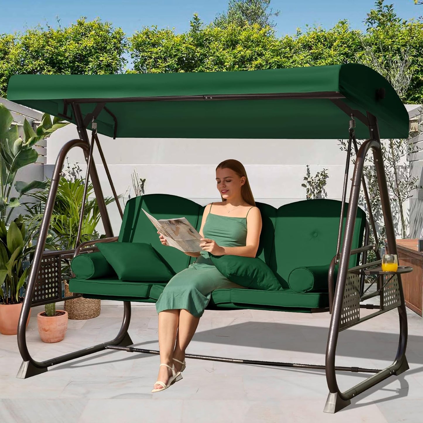 3 in 1 Outdoor Porch Swing with Adjustable Canopy, 3 Seat Outdoor Swing for Adults, Patio Swing Chair with Thickened Cushions,Pillows & Cup Holders for Backyard, Porch, Garden (Green)