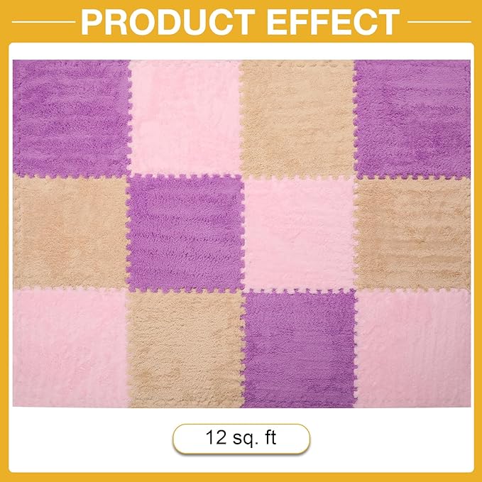 12 Pcs Plush Interlocking Carpet Tiles, Non-Toxic Foam Carpet Tiles for Toddler Baby, Machine-Washable, Anti-Slip, EVA Foam Interlocking Tiles for Floor, Nursery, Playroom, Purple, Light Brown, Pink