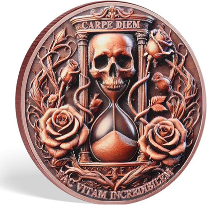 AtSKnSK Memento Mori Coin Momento Mori Coin Skull Coin Stoic Gifts Memento Mori Calendar Living Memento Mori Amor Fati Coin (Dead Tree Rose Skeleton)
