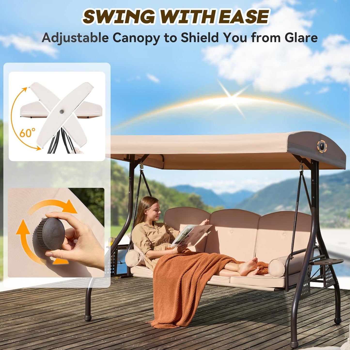 3 in 1 Outdoor Porch Swing with Adjustable Canopy, 3 Seat Outdoor Swing for Adults, Patio Swing Chair with Thickened Cushions,Pillows & Cup Holders for Backyard, Porch, Garden (Khaki)