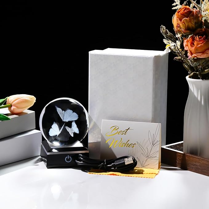 Qianwei Butterfly Gifts for Women 3D Crystal Ball 3.14'' - 80mm Laser Decor Glass Animals Figurines Statue for Room Decorations Night Light