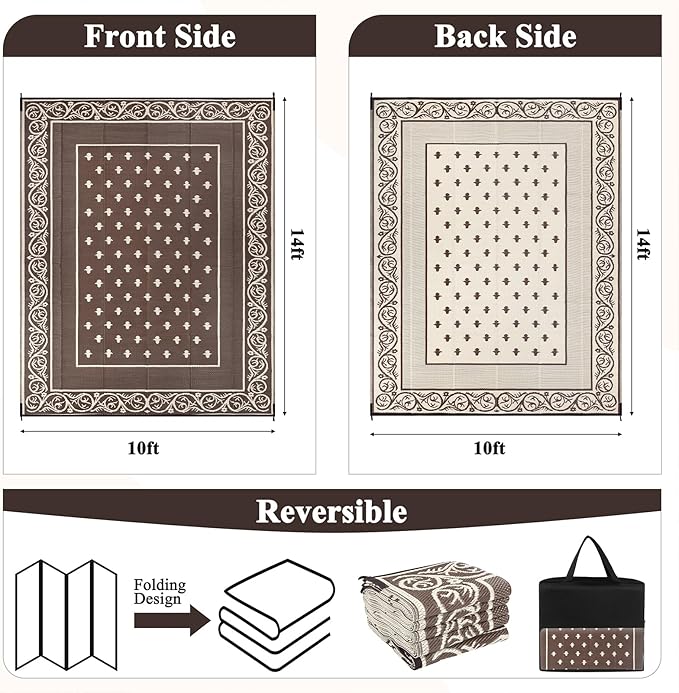 Pauwer Waterproof Outdoor Rug 10x14, Reversible Plastic Straw Patio Camping Rug, Indoor Outdoor RV Mat Carpet for Deck, Camper, Porch, Balcony, Backyard, Picnic, Bordered Brown