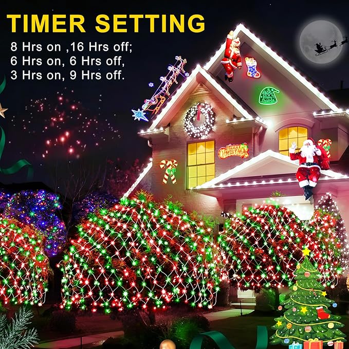 KNONEW Christmas Net Lights 360 LEDs 13ft x 9.8ft Outdoor Mesh Lights Connectable Waterproof 8 Modes & Timer Plug-in Net Fairy Lights for Bushes Garden Party Wedding Holiday,Red and Green