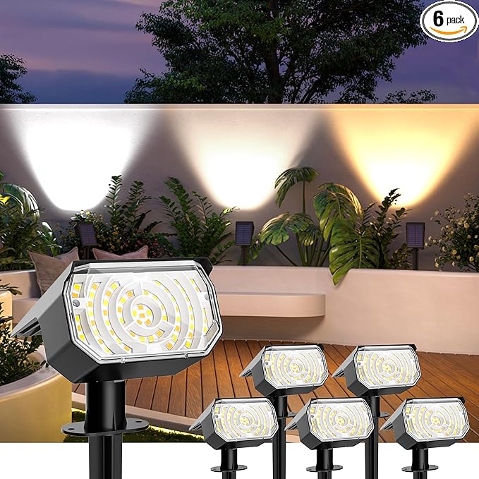 Solar Spot Lights Outdoor Waterproof IP67, 6 Lighting Modes 60 LED, Landscape Spotlights for Tree Yard Garden House Driveway Pathway（6 Pack）