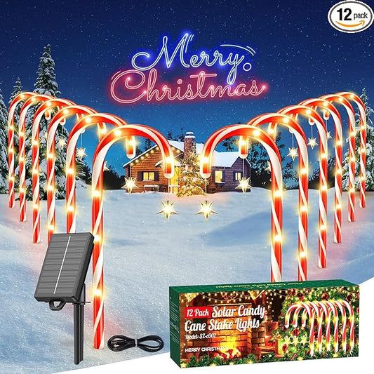 WdtPro Outdoor Christmas Decoration, 12 Pack 28.3FT Solar Powered 72 LED Christmas Candy Cane Lights with Stakes, 10 Lighting Modes Waterproof Christmas Lights Outside Decorations for Yard, Garden