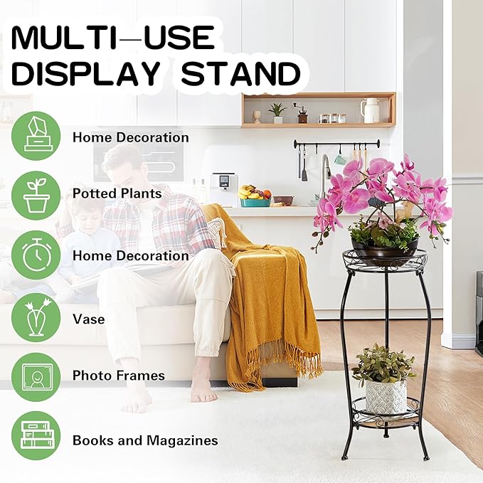 VECELO 2 Tier Metal Outdoor Plant Stand Indoor, Rustproof Stable 19.3” Iron Flower Stand, Decorative Multiple Heavy Duty Plant Holder, Black