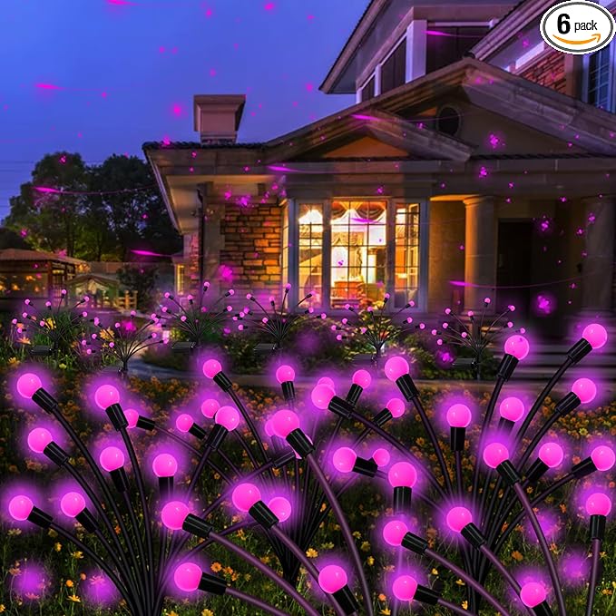 Solar Garden Lights Outdoor, 6 Pack 60 LED Solar Pink Firefly Lights Waterproof, Sway by Wind, Solar Swaying Light for Yard Patio Backyard Garden Planter Flower Bed Pathway Outdoor Decoration