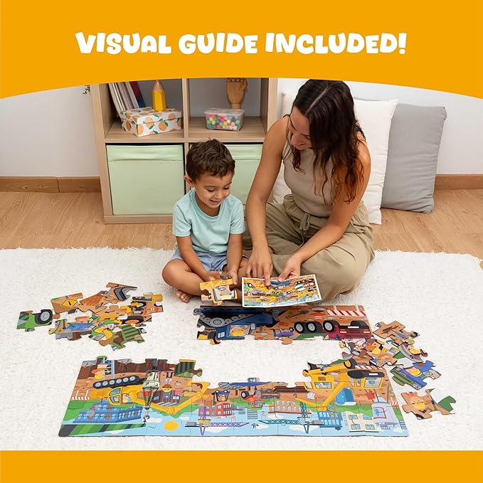 BONNYCO Giant Floor Puzzles for Kids of Construction Site with 48 Large Pieces. Jumbo Puzzle 36.2 x 24.4 in, Gifts for Boys and Girls, Educational Kids Toys Ages 2-8
