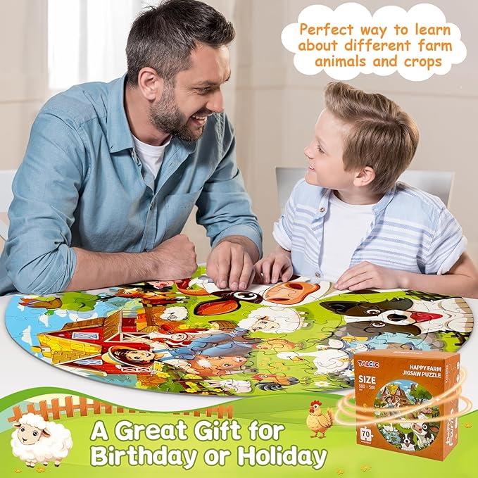 Puzzles for Kids Ages 4-6, 70 Piece Educational Round Floor Puzzles for Kids Ages 3-5, Toddler Farm Puzzles with Animals & Barn, Popular Preschool Toys & Gift Kids Puzzles Ages 3 4 5 6 7 8 9 10
