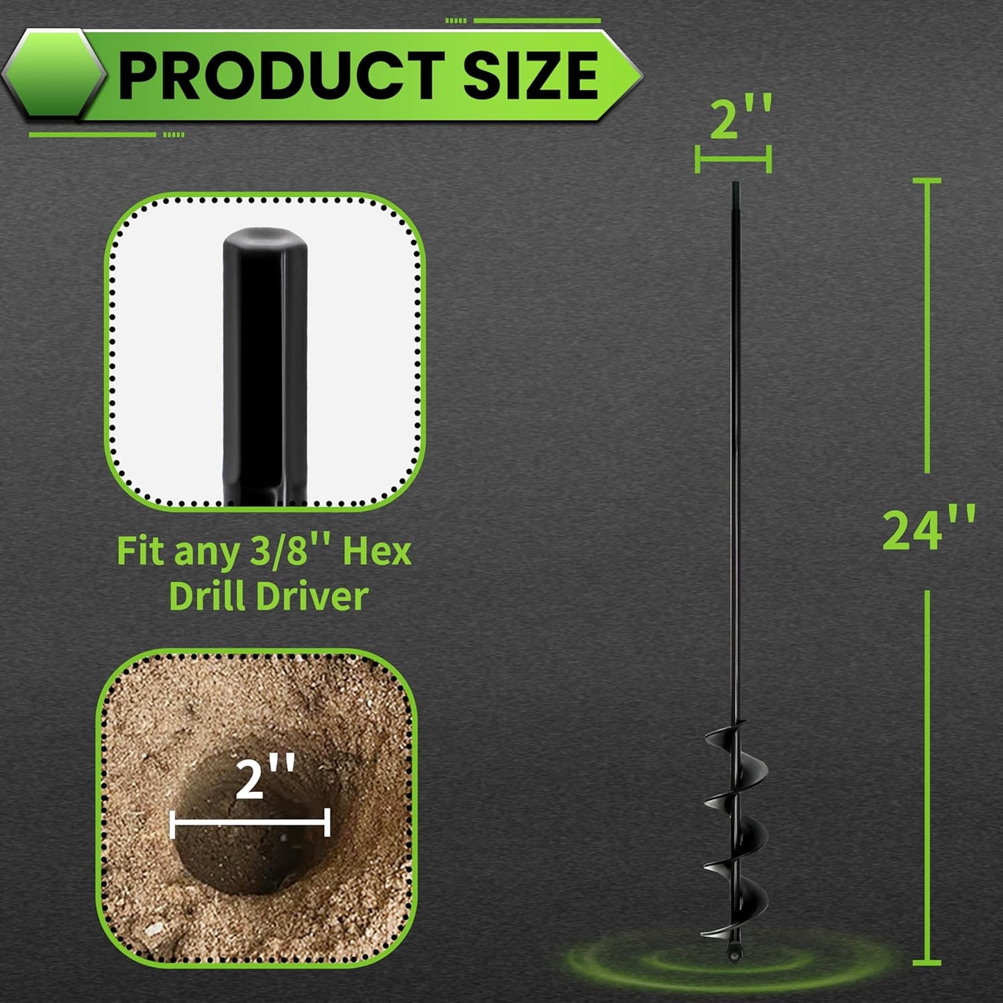 SYITCUN Auger Drill Bit for Planting 2"x24", Post Hole Auger for Planting Bulbs, Easy Post Hole Digger with Drill for 3/8”Hex Drive Drill