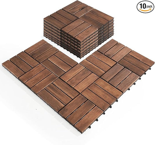 Pack of 10 Deck Tiles - 12"x12" Interlocking Natural Solid Acacia Wood for Outdoor & Indoor, Patio Garden, Balcony, Poolside - Dark Brown Color