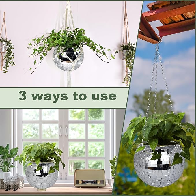 Disco Ball Planter, 8" Disco Planter with Hanging Rope, Hanging Chain & Hook & Ring Stand, Disco Ball Plant Hangers for Indoor and Outdoor Plants, Hanging Plant Holder (Silver, 1 Pack 8")