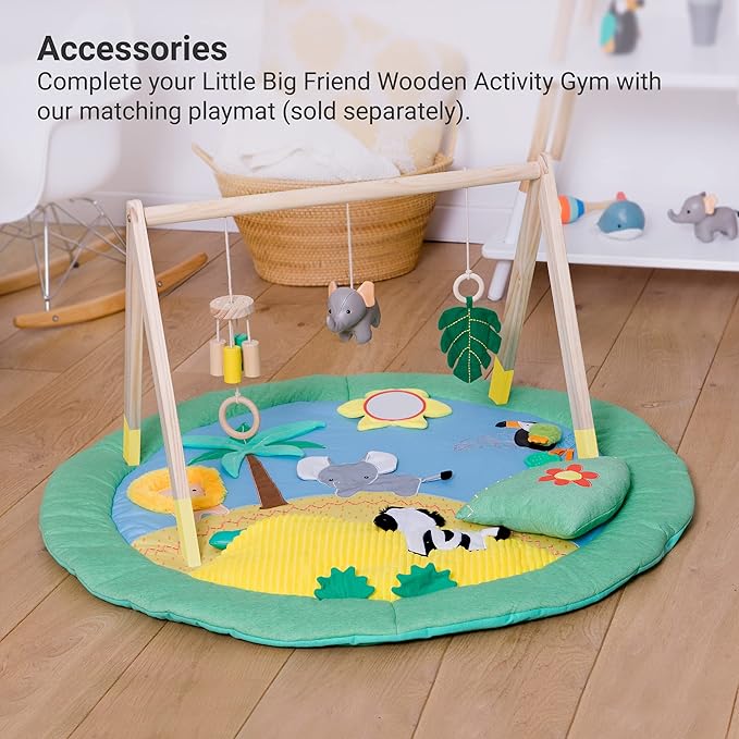 Little Big Friends Wooden Baby Activity Gym – Montessori Play Gym for Babies | Encourages Motor Skills & Sensory Development | Includes Crinkle Fabrics, Wooden Chimes & Hanging Toys – Jungle