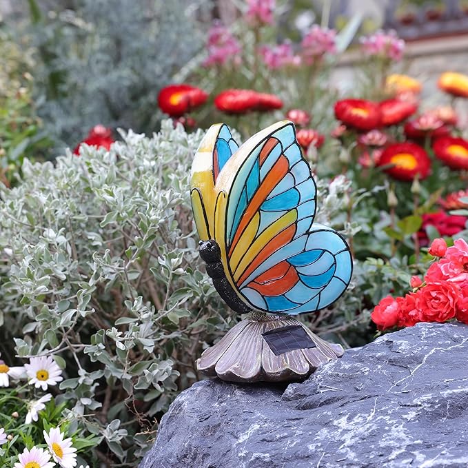 Solar Butterfly Garden Statues,Butterfly Decor for Outdoor,Resin Colorful Butterflies Figurine with Solar Light for Patio,Balcony,Yard,Lawn Ornament,Perfect Garden Gift