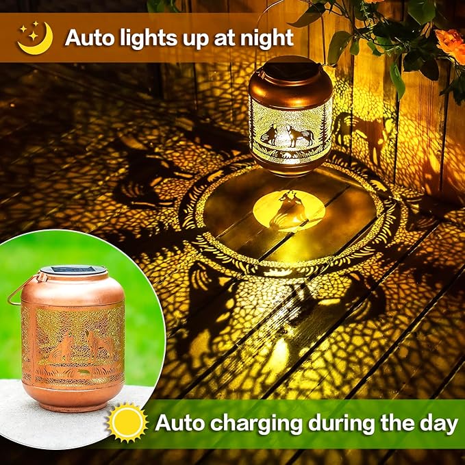 Wolf Solar Lanterns Outdoor Waterproof Hanging Solar Lights Wolf Gifts for Women Men Mom Metal Decorative LED Outdoor Lanterns for Patio, Lawn, Landscape, Garden Decor, Yard Decorations