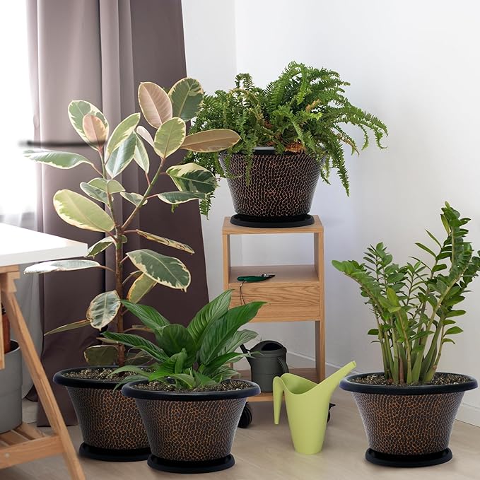 Quarut 11.8 Inch Pots for Plants,4 Pack Large Plant Pot,Flower Pots with Drainage Hole & Saucer,Modern Planters for Indoor Outdoor Plants,Decorative Resin Garden Pots for Planting Medium Large Plants