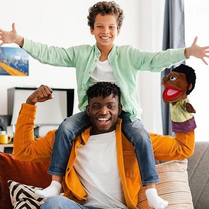 1 Pcs Family Hand Puppets 12 Inch Grandparents, Mom & Dad, Brother & Sister Plush Hand Puppet Toys Role-Play Toy Puppets for Kids Storytelling Imaginative Pretend Play Teaching Preschool(Black Dad)