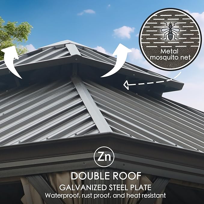 Kozyard Alexander 12' X 12' Aluminum Hardtop Gazebo with Galvanized Steel Double Roof Canopy, Curtain and Netting, Permanent Gazebo Pavilion for Patio, Backyard, Deck, Lawn (Gray)