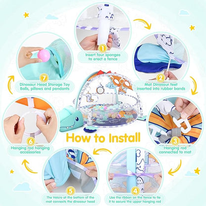 5-in-1 Baby Play Mat - Dinosaur Themed Activity Gym for Babies 0-6 Months with Ball Pit, Detachable Sensory Toys, Pillow, Machine Washable