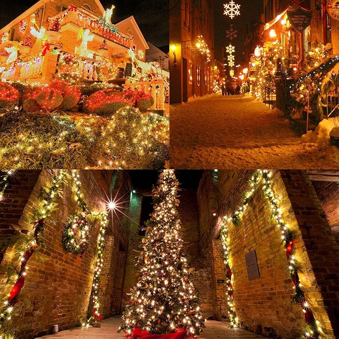 Solar Christmas Lights, 640 LED Solar String Lights 203ft 19 Modes Outdoor String Light for Xmas Trees, Festival, Balcony, Garden Decoration,Warm White
