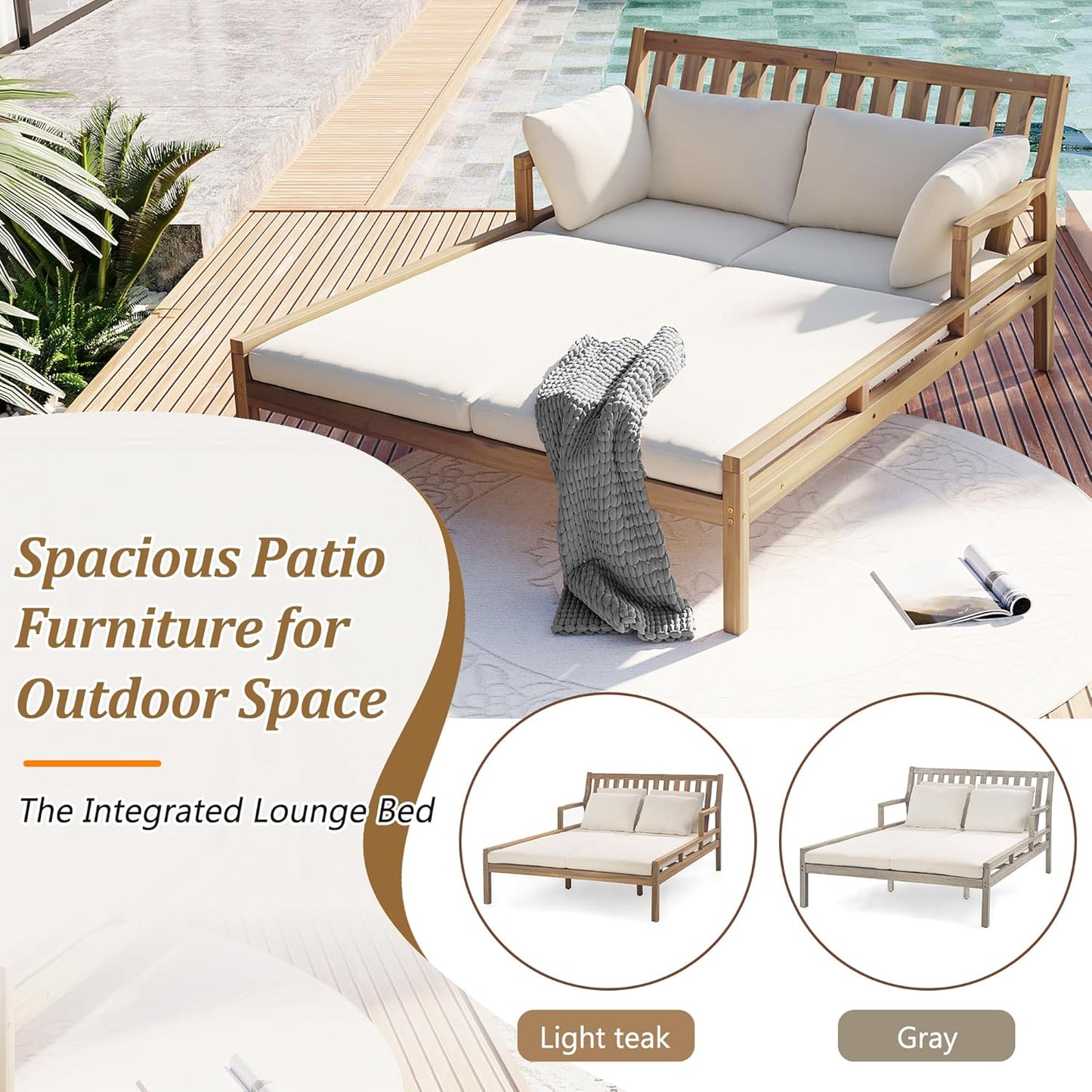 Merax Outdoor Daybed, 3 Seater Acacia Wood Daybed, Patio Day Bed with Four Pillows, Wooden Outdoor Bed with Curved Armrests for Poolside, Backyard, Garden, Light Teak