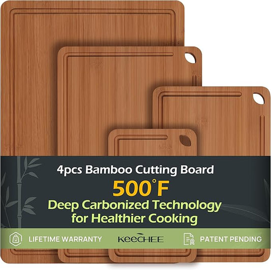 Wood Cutting Board, Carbonized Bamboo Set With Smooth Surface & Easy Storage For Busy Kitchens, Ideal Charcuterie & Chopping, Durable, Knife-Friendly (4Pcs)