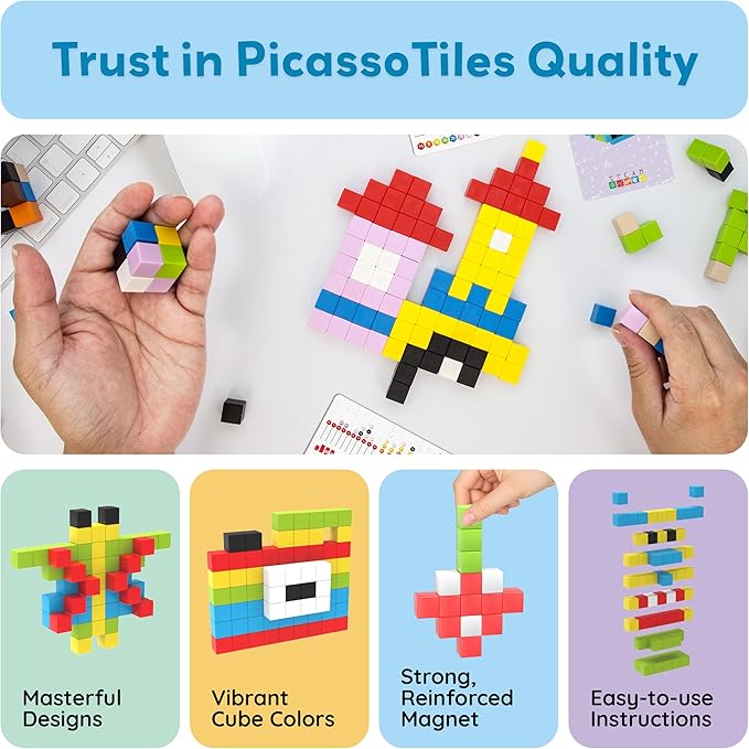 PicassoTiles 100pcs 0.5” Pixel Magnetic Puzzle Cube Mix & Match Cubes Sensory Toys STEAM Education Learning Building Block Magnets Children Construction Toy Set Stacking Magnet Creative Kit PMC100