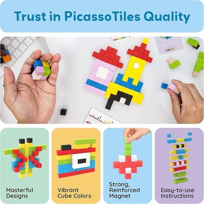 PicassoTiles 100pcs 0.5” Pixel Magnetic Puzzle Cube Mix & Match Cubes Sensory Toys STEAM Education Learning Building Block Magnets Children Construction Toy Set Stacking Magnet Creative Kit PMC100